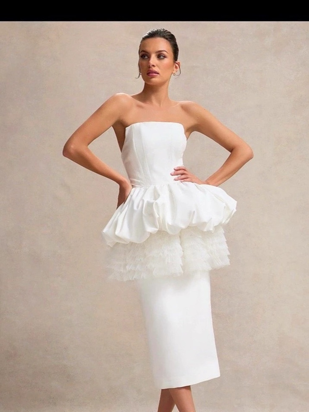Club L London Strapless Midi Dress With Tulle Peplum Waist White Tulle Peplum